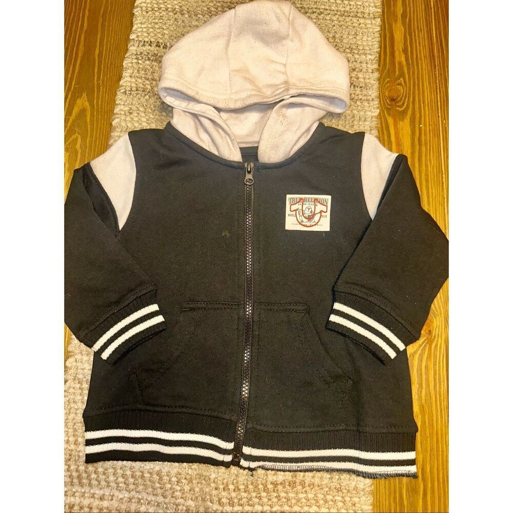 True Religion boys black full zip hooded jacket size 3T big logo on back